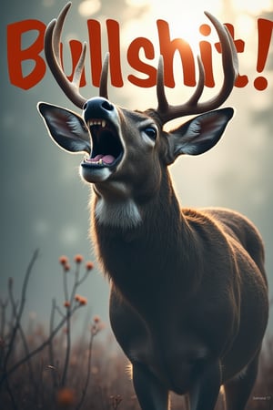 Large 3D text bubble  says: Bullshit!. Bold san serf  font, 
Extreme live action shot of a behemoth whitetail buck's majestic visage, mouth agape as it lets out a thunderous call, its nostrils flaring with icy breath misting in the crisp early spring air. The low-lying sunlight casts an ethereal glow on the foggy morning landscape, bathing the scene in a mystical aura. A nanner with the text phrase: "PAPPY, The Legend The Myth"