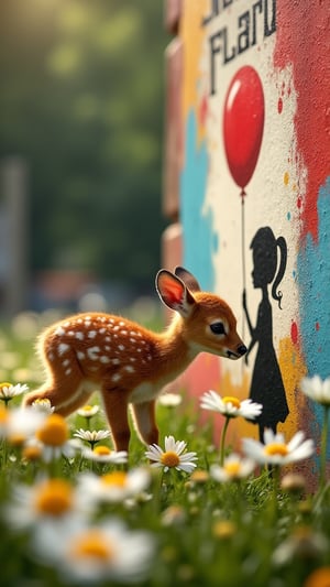 Here are two SD prompts:

**Scene 1: Baby Fawn Among Daisies**

A serene cityscape fades into focus as a tiny baby fawn, its fluffy coat aglow in warm sunlight, takes first steps amidst a vibrant tapestry of daisies. The camera frames the delicate petals and the soft fur of the fawn's face as it sniffs curiously at the colorful blooms against a blurred background of greenery.

**Scene 2: Banksy-inspired Graffiti**

In a city alleyway, a bold wall transforms into an urban canvas. A stylized girl holds a fiery red balloon in the signature style of Banksy, surrounded by intricate graffiti. The text DREAM DIFFUSION FLUX appears prominently, as if splashed with vibrant paint. The camera lingers on the mural's textured brushstrokes and the playful pop of color against the urban backdrop.