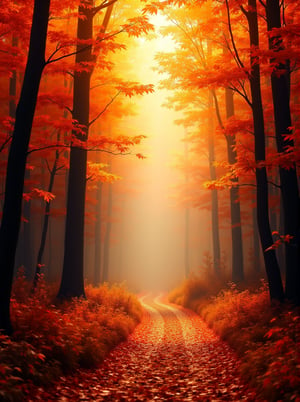 A beautiful fall crisp morning photo of the yellow and orange and red leqces of the forest with a winding trail, the tranquility is captured in full essence,digital painting