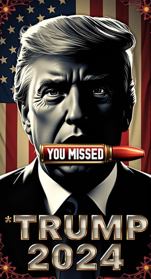 A close-up shot of a silhouette Donald Trump with  bullet shell  in its mouth and the phrase 'YOU MISSED' written in bold white letters on the bullet casing.  Against a faded american flage background, the words **TRUMP 2024** are pinned at the bottom in shiny chrome 3D font, adding a touch of industrial chic to this edgy design.,CozySpookyStyle