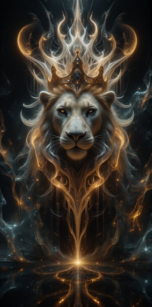 A  huge white Lion wearing a gold kings crown, black background,  visually stunning cinematic composition,  wallpaper, gold dmoke swirling around 