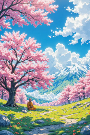 A whimsical anime and cartoon mix scenary line drawing transitions to a cherry blossom tree middle of grassy field, a monk meditating under tree, view taken from far , beautiful ambient , middle of grassy field one big cherry blossom tree, white gradient shade of light pink fluffy clouds , vibrant close up view scene,  far a snow mountain , intimidating dark fantasy, beautiful view, The camera uses a 35mm f/2.0 wide-angle lens capturing the playful texture crisp lines and youthful color blocks.,animestyle,aotstyle