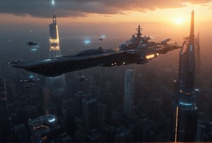 at night, huge futuristic long spaceship crusader carrier, flying over the city of metal and glass, flying over Night City, flying over a cyberpunk city, photorealistic image, masterpiece, best quality, 8K, sharp focus, sunrise, skyscrapers, featuring a skyscraper with "Arasaka" written on it, surrounded by ten helicopters, star trek, tron legacy style