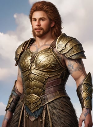 core_9_up, score_8_up, score_7_up,1boy, solo,Thrud, rule63, Thrud as a male, realistic 4k, detailed face, teenager, young. armor, beard, tattoos, runner body type, red hair,dragon armor, pauldrons, god of war style, short hair, facial tattoo, Chris Hemsworth Thor,