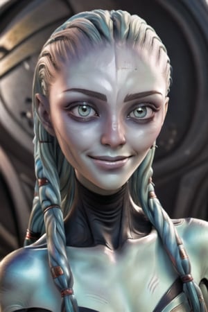 ,Gwyndala,Multicolored alien, 1girl, solo, uniform, full body in picture, beautiful face, detailed face, detailed braids, super 4k detailed eyes, smirk, upper body,