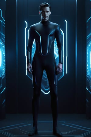  core_9_up, score_8_up, score_7, 1boy, solo, detailed full body shot of a man, black uniform catsuit honeycomb textured, tron legacy, Bruce Wayne, working, detailed glowing hightech tech background lcars, warm colors, cinematic lightinga, black hair,C7b3rp0nkStyle, butler suit, full body in picture,cyberpunk, blue eyes, futuristic, full body in picture, young, face shown, short black hair swept back, glowing circuitry bodysuit