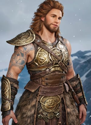 core_9_up, score_8_up, score_7_up,1boy, solo,Thrud, rule63, Thrud as a male, realistic 4k, detailed face, teenager, young. armor, beard, tattoos, runner body type, red hair,dragon armor, pauldrons, breastplate, golden belt of strength, god of war style, short hair, facial tattoo, Chris Hemsworth Thor,dovahkiin armor