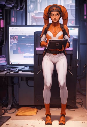 arcane style,Twilek, 1girl, alone, orange skin, armor, full body in frame, white clothes, B-Cup, slim body, orange face, orange hands, worried, neurotic. scared, star wars slicer, hacker, holding technical equipment, computer tech,