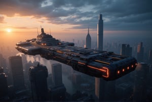 at night, huge futuristic long spaceship crusader carrier, flying over the city of metal and glass, flying over Night City, flying over a cyberpunk city, photorealistic image, masterpiece, best quality, 8K, sharp focus, sunrise, skyscrapers, Arasaka skyscraper, surrounded by five helicopters, star trek, tron legacy style