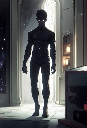 (extremely detailed CG unity 8k wallpaper, masterpiece, best quality, ultra-detailed, best shadow), (detailed background), (beautiful detailed face, beautiful detailed eyes), High contrast, (best illumination, an extremely delicate and beautiful) boy with black costume, black starfleet uniform, black hair, black eyes, black scalera, standing stright, dignified, regal, black skin, full body in frame, buzz cut, sttldunf uniform,Celestial Skin 