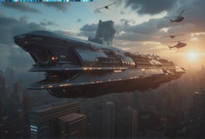 at night, a titanic futuristic long spaceship crusader carrier, flies over the city of metal and glass, flying over Night City, flying over a cyberpunk city, photorealistic image, masterpiece, best quality, 8K, sharp focus, sunrise, skyscrapers, featuring a skyscraper with "Arasaka" written on it, surrounded by ten helicopters, star trek, god rays, tron legacy style