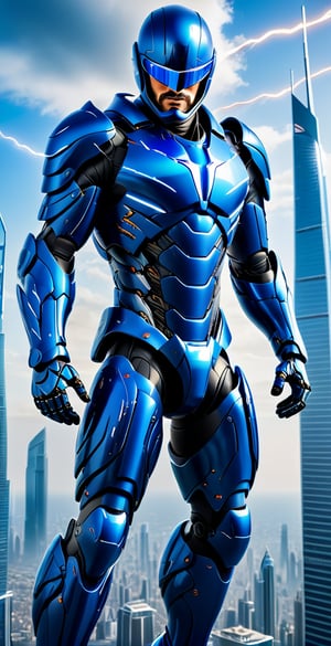 Craft a visually stunning fantasy Hi-Tech warrior with glowing blue biometrical glass armor, showcasing sleek and powerful design from head to toe. Request an 8k ultra HDR photographic cinematic masterpiece with dynamic flying poses, set above a perfect Hi-Tech super city background, ensuring super high detailed, super realistic imagery in 32k ultra HDR quality. Emphasize the muscular Hi-Tech biometrical design, detailing hands, legs, and footwear. Capture the cinematic essence of a movie still with lightning charge effects, mecha, cyborg style, and meticulous attention to detail for an unparalleled visual masterpiece. Additionally, explore the challenge of creating a second cinematic masterpiece with a hi-tech cybernetic blue-knight, integrating glowing biometrical elements and lightning charge effects against a perfect city, enhancing the full futuristic ensemble with Movie Still precision and XL detail. Dynamic flight, flying trough the air, full body in frame, dull helmet, Mouth shown, goatee, beard, superhero flying trough the sky, long legs, silver visor across the eyes, DareDevil, nose, mouth, lips, bysicle helmet, silver mirror shades,