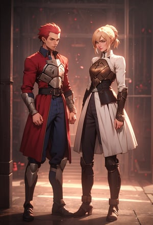Arcane,acncait,cool pose, Damacia background, full body shown. wild blond hair swept backwards with one red streek. blue freljord tattoos along her arms, nordic bronze breastplate, thicc, viking woman. small breasts, 1girl,Saber

Shirou Emiya, EMIYA, Archer, 1man, Archer armor,emiya_shiro. Saber and Archer standing together facing one another, red hair, woman has blond hair, man has red hair, man with red hair, man with ginger hair, lopsided smirk, man is taller then the woman,
