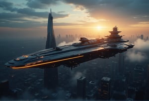 at night, huge futuristic long spaceship crusader carrier, flying over the city of metal and glass, flying over Night City, flying over a cyberpunk city, photorealistic image, masterpiece, best quality, 8K, sharp focus, sunrise, skyscrapers, Arasaka skyscraper, surrounded by ten helicopters, star trek, tron legacy style