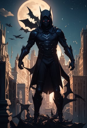 (extremely detailed CG unity 8k wallpaper, masterpiece, best quality, ultra-detailed, best shadow), (detailed background), (beautiful detailed face, beautiful detailed eyes), High contrast, (best illumination, an extremely delicate and beautiful), ,man with black costume mask and cape, body covered by the cape. Dark form looming with the moon in the background. Gotham City skyline, full body in frame, silhouette with blue glowing eyes,zxsmk, ninja mask covering face, standing stright, arms at the side, great cape bilowing out behind man, big black cloak, deep black color in the suit, Nocturne the Eternal Nightmare, Shen the Eye of Twilight,l4tex4rmor