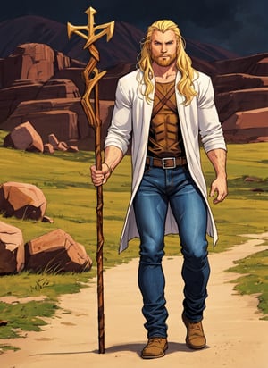 Superhero, 1man, solo, white robes from the comics with nordic runes on them, holding a gnarled oak staff, blond hair, blond beard, Thor beard, long beard, Olivier Coipel artstyle, full body in picture, walking trough the American badlands, walking stick, staff held vertically, magic staff, detailed hands, jeans,