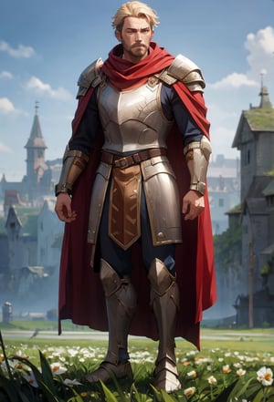 Arcane,acncait,cool pose, field background, full body shown in frame. King Arthur, standing stright, proud stance, manly, King, knight, cape, cloak,armor