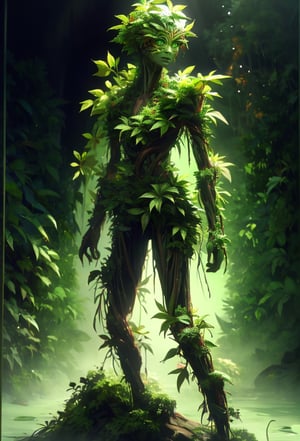 Arcane,acncait, humanoid plant monster, green glowing eyes, full body in frame, covered in leaves, leafy legs, leafy arms, leafy chest, leafy head moss body, spriggan, tree crown head, branches growing out of the head, green body, green face. ent, body made of leaf, leafe covered arms, leaf covered chest, leaf covered legs, plant elemental, wide legged stance, man, monsters00d,Style_SM,jelokii,DonM3l3m3nt4l,cnb, t-shirt, jeans, 
