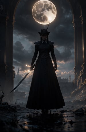 (RAW photo, HDR:1.2), (Hyper-realistic:1.4), (super detailed:1.4), (high quality, 8k), Lenkaizm, Envision a bloodborne warrior standing in front of castle gate, detailed face, surrealism, gigantic, ethereal, fantasy realm, mysty environment, high contrast, volumetric lighting casting a sharp shadow to add more mysterious atmosphere, masterpiece, foggy background, cloud_scape, front light, complex terrain, detailed background, intricate texture and details,Blue Backlight,Maria,r1ge,Wednesday Addams as the Good Hunter, eyes glowing with a ghostly light, vorpal blade, breasts, nightime, full moon, black hair, black Robin Hood hat with a red feather,twisted fate