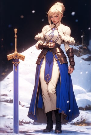 Arcane,acncait,cool pose,snow background, full body shown. wild blond hair swept backwards with one red streek. blue freljord tattoos along her arms, fur clothing, nordic bronze breastplate, thicc, viking woman. small breasts, 1girl, fur boots, furr bracers, fur cape, armor,viking,Saber