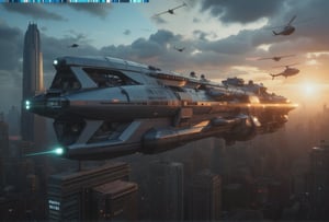 at night, a titanic futuristic long spaceship crusader carrier, flies over the city of metal and glass, flying over Night City, flying over a cyberpunk city, photorealistic image, masterpiece, best quality, 8K, sharp focus, sunrise, skyscrapers, featuring a skyscraper with "Arasaka" written on it, surrounded by ten helicopters, star trek, god rays, tron legacy style