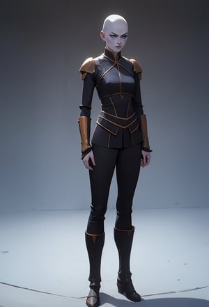 arcane style, Asajj Ventress, 1girl, alone, white skin, armor, full body in frame, black clothes, slim body, white face, white hands, ice blue eyes, young, proud posture, annoyed, bald, star wars,gray skin,