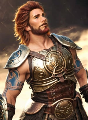 core_9_up, score_8_up, score_7_up,1boy, solo,Thrud, rule63, Thrud as a male, realistic 4k, detailed face, teenager, young. armor, beard, tattoos, runner body type, red hair,dragon armor, pauldrons, breastplate, belt of strength, god of war style, short hair, facial tattoo, Chris Hemsworth Thor,dovahkiin armor