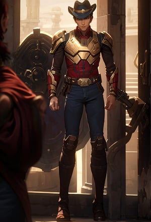 arcane style, 1boy, alone, single person in frame, high tech armored torso Iron Man, blue jeans, brown stetson cowboy hat, teen, pre-teen, full body in frame, lopsided smirk, Han Solo, standing stright,star wars,twisted fate