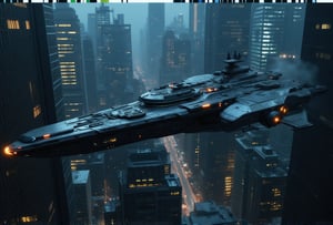 at night, a titanic futuristic long spaceship crusader carrier, flying over the city of metal and glass, flying over Night City, flying over a cyberpunk city, photorealistic image, masterpiece, best quality, 8K, sharp focus, sunrise, skyscrapers, featuring a skyscraper with "Arasaka" written on it, surrounded by ten helicopters, star trek, god rays, tron legacy style