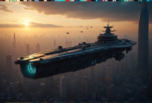 at night, huge futuristic long spaceship crusader carrier, flying over the city of metal and glass, flying over Night City, flying over a cyberpunk city, photorealistic image, masterpiece, best quality, 8K, sharp focus, sunrise, skyscrapers, Arasaka skyscraper, surrounded by five helicopters, tron legacy style