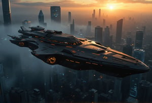 at night, huge futuristic long spaceship crusader carrier, flying over the city of metal and glass, flying over Night City, flying over a cyberpunk city, photorealistic image, masterpiece, best quality, 8K, sharp focus, sunrise, skyscrapers, Arasaka skyscraper, surrounded by ten helicopters, star trek, tron legacy style