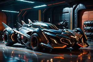  core_9_up, score_8_up, score_7, airplane, Batwing, tron legacy, Batman Beyond, warm colors, cinematic lighting,TronLegacy,FuturEvoLabMecha, Cyberpunk 2077 background,Starship in a hangar,  front side view