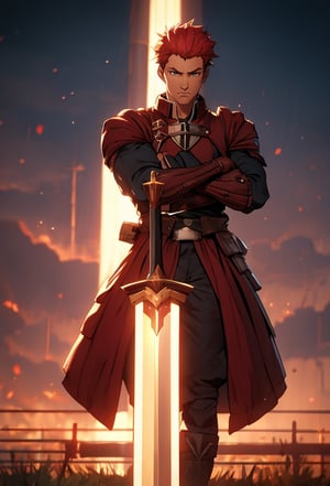 Arcane,acncait,cool pose,simple background, Man, full body shown, red hair, fate (series), EMIYA, young, teen, 1man, standing stright looking at the viewer, Runeterra background, Archer armor, red sleaves, huge red cape bilowing in the wind, covered arms, kind,shirou emiya,emiya_shiro, red hair, holding red and gold broadsword, Red and gold Excalibur, Shirou hair,Saber,emiya shirou, 1boy,swordup,holding a sword,dark skin, broadsword, Excalibur, big sword,