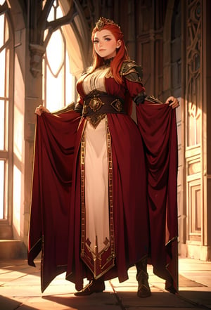 Arcane,acncait,proud pose, medieval background, full body shown in frame, Queen Morgause, wild aburn hair swept backwards, Arturian times,Ginger, diadem, standing stright, regal, tall woman,AloyHorizon,HUD_spr_armr