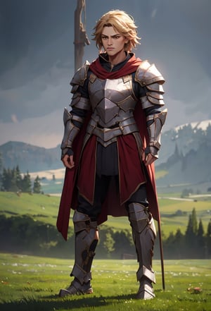 Arcane,acncait,cool pose, field background, full body shown in frame. Mordred, standing stright, proud stance, manly, knight, cape, cloak,armor