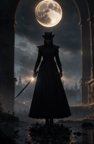 (RAW photo, HDR:1.2), (Hyper-realistic:1.4), (super detailed:1.4), (high quality, 8k), Lenkaizm, Envision a bloodborne warrior standing in front of castle gate, detailed face, surrealism, gigantic, ethereal, fantasy realm, mysty environment, high contrast, volumetric lighting casting a sharp shadow to add more mysterious atmosphere, masterpiece, foggy background, cloud_scape, front light, complex terrain, detailed background, intricate texture and details,Blue Backlight,Maria,r1ge,Wednesday Addams as the Good Hunter, super detailed eyes, eyes glowing with a ghostly light, vorpal blade, nightime, full moon, black hair, braids, black Robin Hood hat with a red feather stuck in it,twisted fate