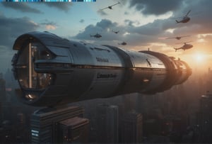 at night, a titanic futuristic long spaceship crusader carrier, flies over the city of metal and glass, flying over Night City, flying over a cyberpunk city, photorealistic image, masterpiece, best quality, 8K, sharp focus, sunrise, skyscrapers, featuring a skyscraper with "Arasaka" written on it, surrounded by ten helicopters, star trek, god rays, tron legacy style