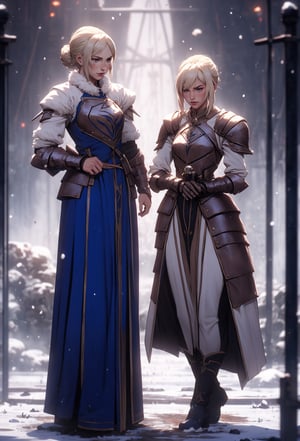 Arcane,acncait,cool pose,snow background, full body shown. wild blond hair swept backwards with one red streek. blue freljord tattoos along her arms, fur clothing, nordic bronze breastplate, thicc, viking woman. small breasts, 1girl, fur boots, furr bracers, fur cape, armor,viking,Saber