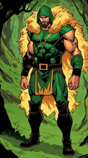 1boy, solo, Comic Thor, standing up straight, God of the Hunt, full body in picture, male focus, muscular, green armor, green hood, fur cape, Green Arrow, cave background, green swirls of energy, green magic, 