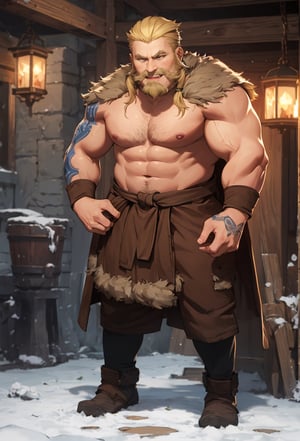 Arcane,acncait,cool pose,winter background, Man, full body shown, blue viking tattoos, barbarian, viking, beefy, big blond beard, big mustache, blond hair, braids, bearseker, Hercules, standing stright, facing the viewer, looking at the viewer, fur clothing, fur coat, bare arms, celtic tattoos along the arms, sukunatattoo,takeuchi takashi,male, mug of ale, smile,VikingAlpha