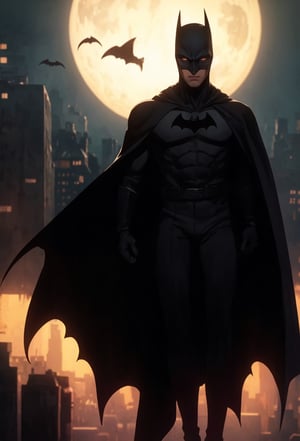 (extremely detailed CG unity 8k wallpaper, masterpiece, best quality, ultra-detailed, best shadow), (detailed background), (beautiful detailed face, beautiful detailed eyes), High contrast, (best illumination, an extremely delicate and beautiful), ,man with batman costume mask and cape, body covered by the cape. Batman looming with the moon in the background. Gotham City skyline, full body in frame, silhouette with glowing eyes,batman