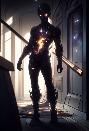 (extremely detailed CG unity 8k wallpaper, masterpiece, best quality, ultra-detailed, best shadow), (detailed background), (beautiful detailed face, beautiful detailed eyes), High contrast, (best illumination, an extremely delicate and beautiful) boy with black costume, black starfleet uniform, black hair, black eyes, black scalera, standing stright, dignified, regal, black skin, full body in frame, buzz cut, sttldunf uniform,Celestial Skin 