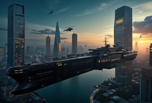 at night, a titanic futuristic long spaceship crusader carrier, flying over the city of metal and glass, flying over Night City, flying over a cyberpunk city, photorealistic image, masterpiece, best quality, 8K, sharp focus, sunrise, skyscrapers, featuring a skyscraper with "Arasaka" written on it, surrounded by ten helicopters, star trek, god rays, tron legacy style