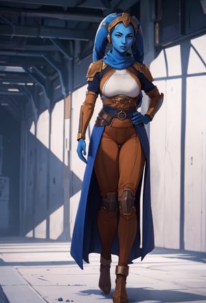 arcane style,Twilek, 1girl, alone, blue skin, armor, full body in frame, white clothes, big beasts, D-Cup, calm, slim body, blue face, blue hands, standing stright, hands behind back,