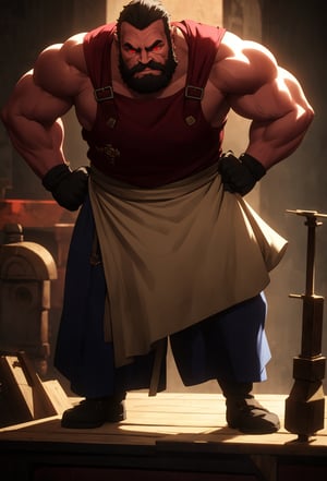 Arcane,acncait,cool pose,forge background, full body shown, ,jirou, Fantasy Dwarf, Ornn, big beard, red beard, braided beard, big nose, prominent nose, Smith, Blacksmith. bare arms, muscles, muscular arms, holding a hammer, 1man, hairy, standing by an anvil, 1dwarf, leather apron, manly stance, gruff, full head of hair, small muscular child off to the side,