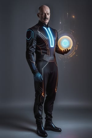  core_9_up, score_8_up, score_7, 1boy, solo, detailed full body shot of a man, black uniform catsuit honeycomb textured, tron legacy, Alfred Pennyworth, working, detailed glowing hightech tech background lcars, warm colors, cinematic lightinga, black hair, balding, mustache, butler,C7b3rp0nkStyle, slim body, butler suit, boots, old. wrinkles, full body in picture, white gloves,cyberpunk, blue eyes, monk pattern baldness, futuristic