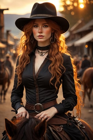 1 girl, beautiful 24 year old Celtic bandit, in an 1800s old west town, sunset, black stetson, black clothes,( on horse, )braids, horses, (ginger hair:1.6),(absurdly long hair:1.8), shiny hair, glossy hair,, (freckles:1.4), atmospheric, ultra detailed, hyper realistic, (depth of field), bokeh, HairDetail, great lighting,Eye-catching sunset