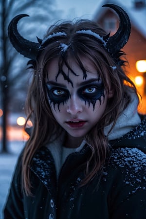  photography, a girl will transforming demon, will transforming demon, demon eyes, snow, night, creepy, scared, horrible, horror, aftereffects, sharp focus, high detail, full body