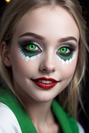 Black and white vintage close-up photo of a girl with glowing green eyes and clown makeup, by Artgerm, anime cgi style, creepypasta, about to devour you, mischievous smile, creepy pose, kabuki makeup, yume nikki, hyperreal render, [[grinning evily]], anigirl batman, lori earley, noire,Vanessa