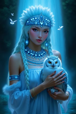 Ultimate realistic ,Girl in feather headdress holding a baby a owl, standing in front of a waterfall, trending on cg society, fantasy art, glowing sparkling crystals, white braids, blue jewelry, ethereal lighting ,(( sexy, eros,)) profile picture, glowing white neon eyes, white cyan covered in jewels, girl with feathers, neon owl, shimmering and spiral nubella, azure. detailed hair 